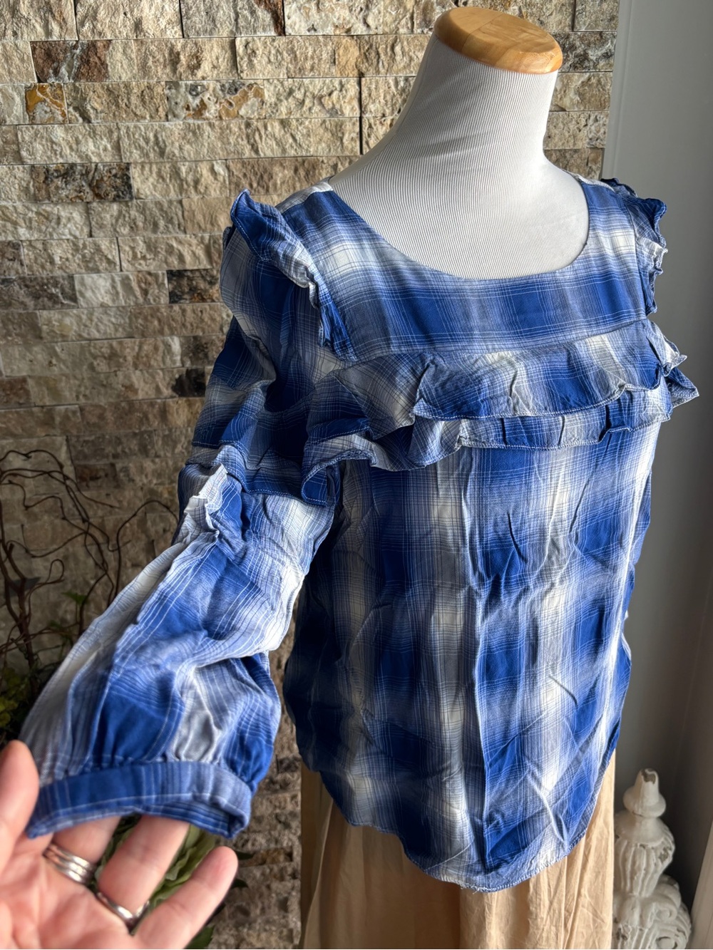 LOFT Blue and White Plaid Ruffle-Trim Blouse